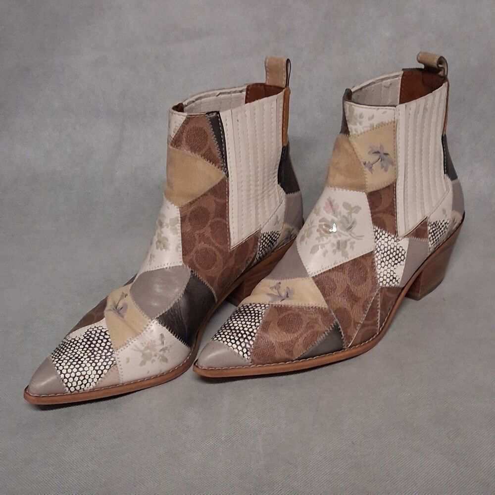 COACH Melody Ankle Boots Women's 9.5 B Beige Brown Patchwork - Picture 4 of 12